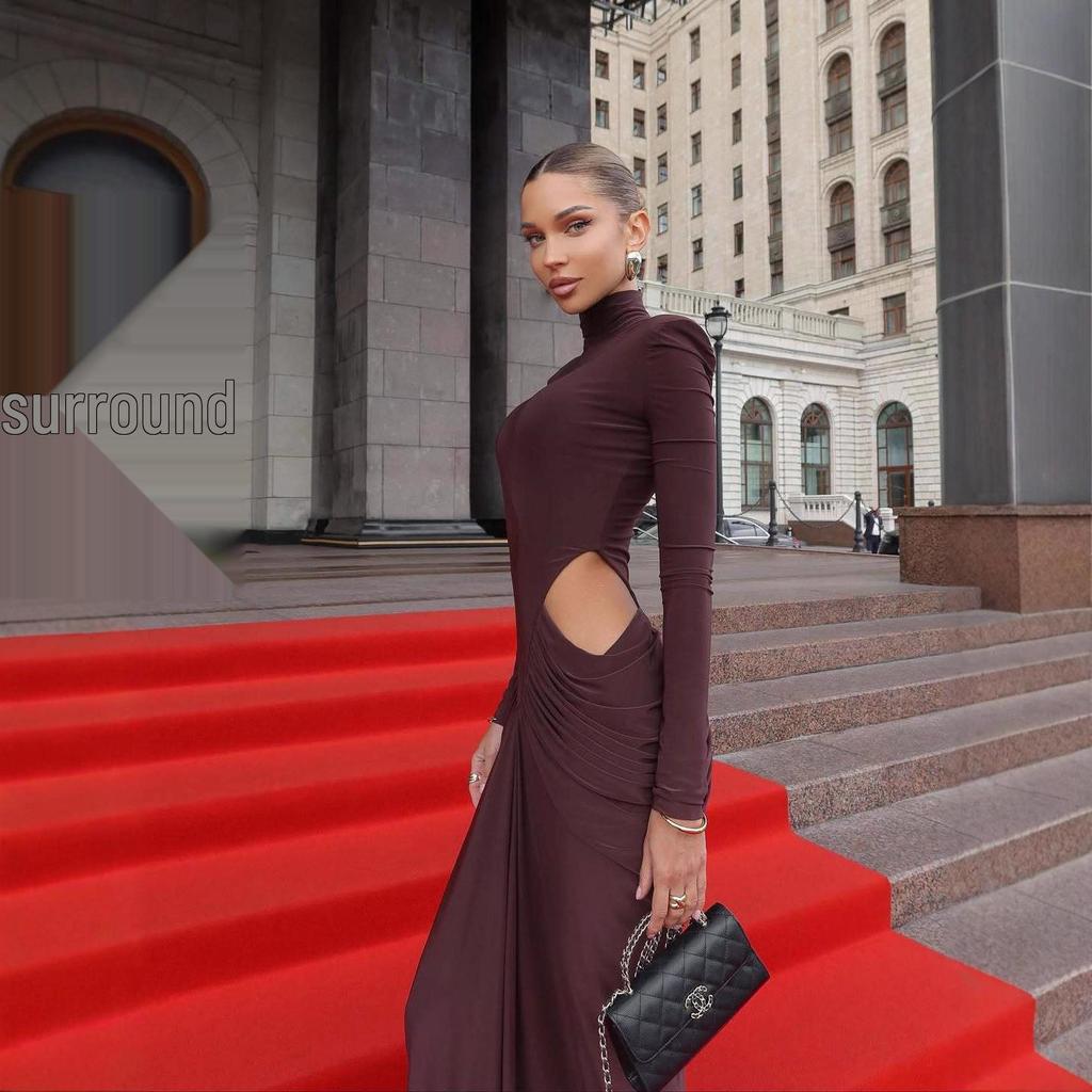 2025 High Neck Satin Bodycon Evening Dress - Women's Hollow-Out Pleated Design