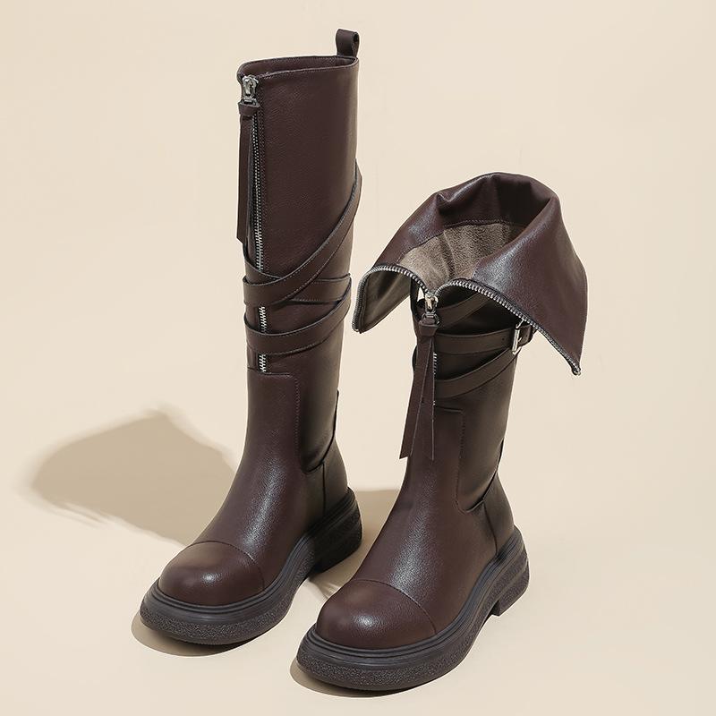 Martin boots long boots women's autumn and winter retro western style platform boots Maillard with round head brown boots
