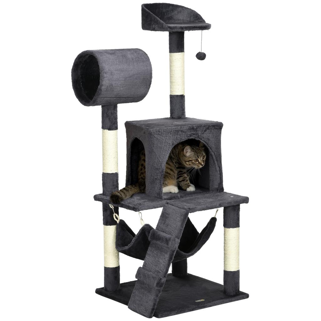 Cat Tree with Cat Scratching Post, Cat House, Hammock, Bed, Tunnel and Ball, 48x48x125 cm, Dark Grey