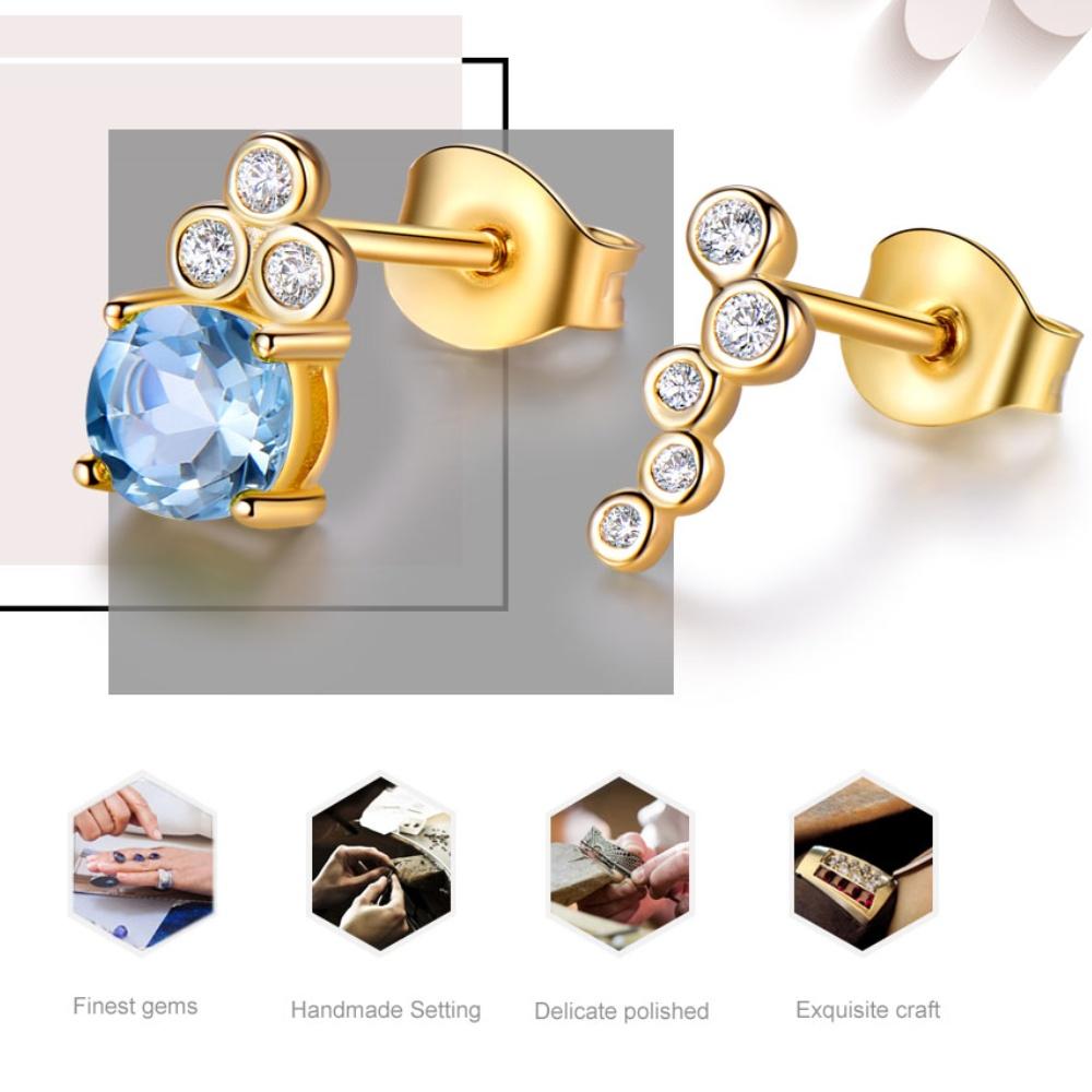 Unique Sky Blue Topaz White Round AAA Cubic Zircon Yellow Gold Plated 925 Sterling Silver Stud Earrings