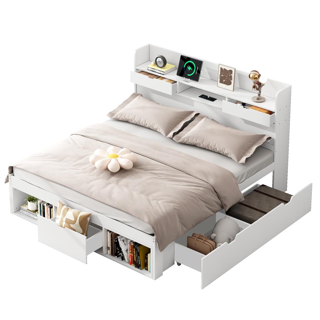 Doppelbett, 160*200cm, Mit USB-Anschluss & Schubladen & Aufbewahrungsschrank, Kinderbett, Multifunktionsbett, Großer Stauraum, ohne Matratze, Weiß