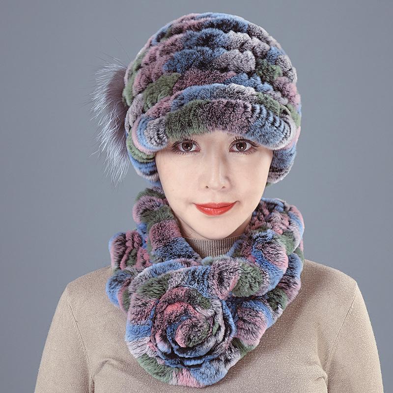 New Rex rabbit hair hat women's autumn and winter ear protection fur woven real hair medium and old thickened versatile scarf set