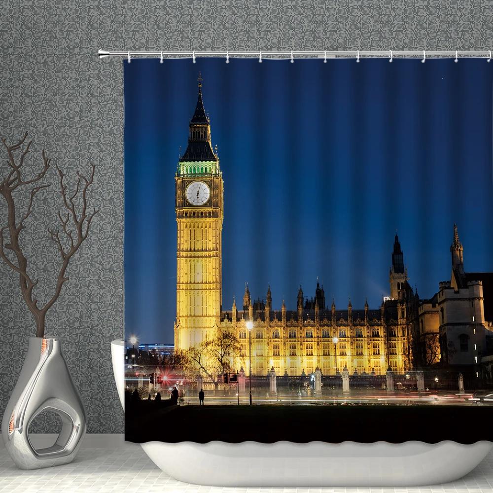 Scenery Shower Curtain Big Ben Golden Gate Bridge UK USA Building Landscape Bath Curtains Waterproof Cloth Bathroom Screen Decor