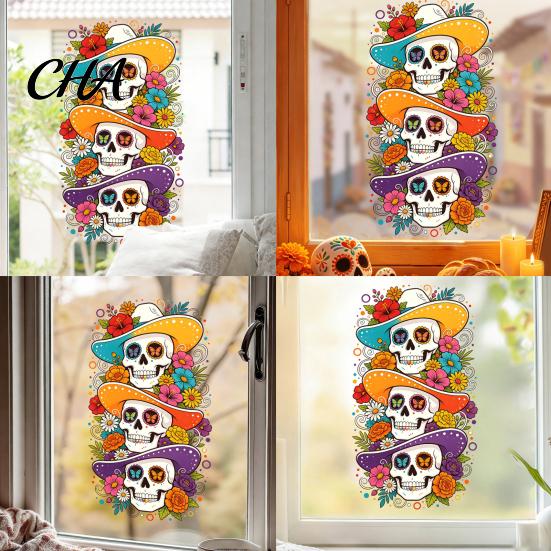Outdoor Sunproof Window Decor Skeleton Undead Static Sticker, Waterproof PVC Decorative Decals, Durable Decals for Home Film Autumn Harvest