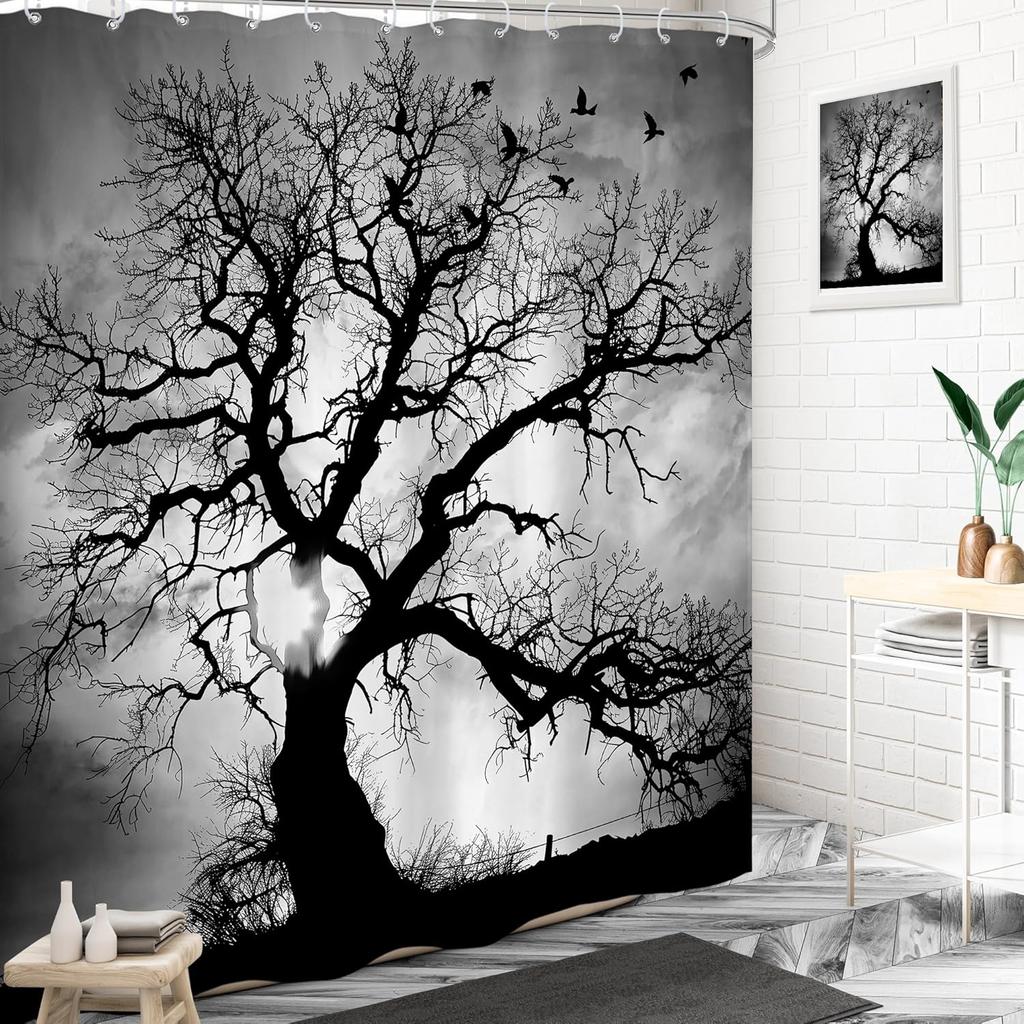 Tree Shower Curtain Black White Grey Sky Nature Branch Silhouette Landscape Men Cool Unique Cloth Fabric Waterproof Polyester