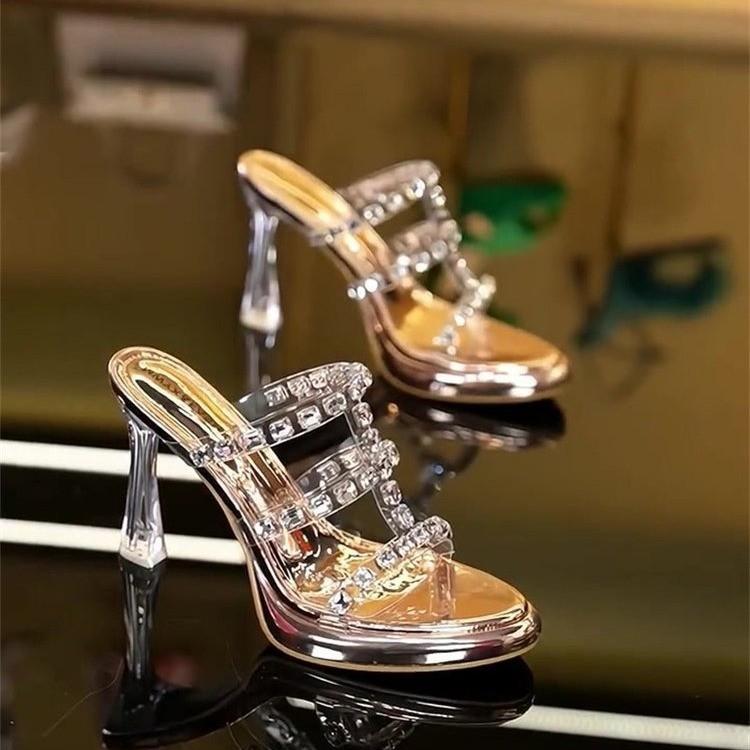 

Элегантный темпераментный повседневный каблук-босоножки со стразами и острым носком, 2025 летние прозрачные женские туфли на высоком каблуке с открытым носком 39 золотой