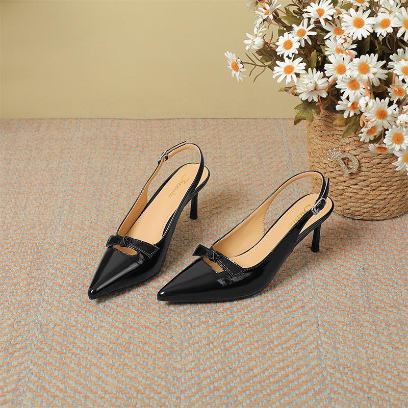 

French patent leather baotou sandals women s 2025 summer new versatile stiletto pointed one-word buckle with temperament high heels 34 чёрный