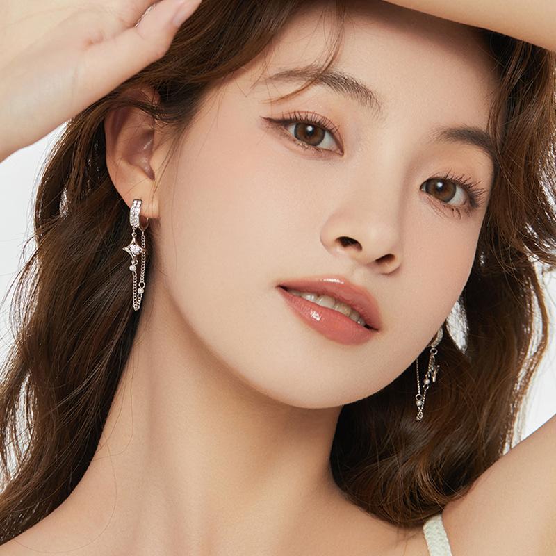 Diamond-Encrusted Four-Star Earrings Long Chain Pearl Earrings Internet Celebrity Fringed Cross Star Ear Buckle
