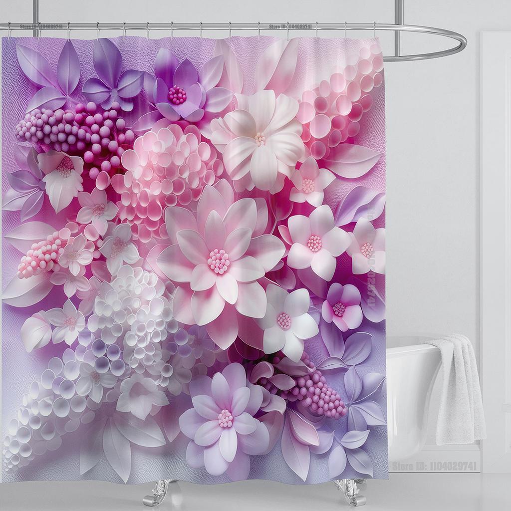 3D Red Floral Shower Curtain Set Pink Flower Design Fabric Bathroom Decor Waterproof Washable Shower Curtain Set with Hooks