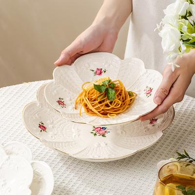 European Style Retro Dim Sum Plate Household Dessert Cake Plate Set Small Flower Ceramic Fruit Salad Bowl Plate Breakfast Plate