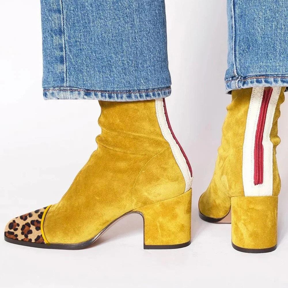 New Women's Ankle Boots,Flock Suede Short Botas,Winter Shoes,British Style,Square Toe,Back Zip,Leopard,Purple,Dropship