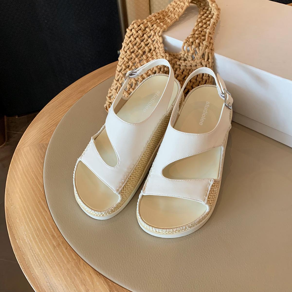 

Sheepskin grape mother leather fashionable Roman open-toed casual versatile one-word buckle with platform straw sandals women s wear 35