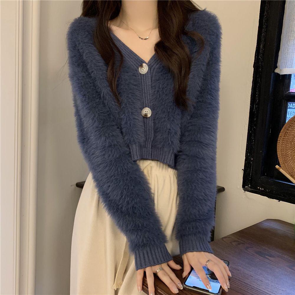 

2024 Chic Plush V-neck Knit Cardigan – Women s Autumn Stylish Slim-Fit Sweater XL темно-синий