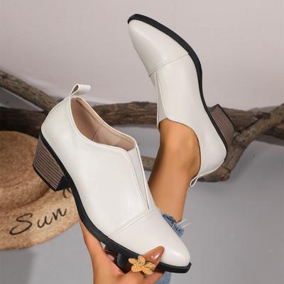 Stiefel mit niedrigen Absätzen Damenschuhe Mode Einfarbige Leder Schlupf Klassisch Knöchel Weite Absatzstiefel für Damen Klobiger Absatz Spitze Zehen