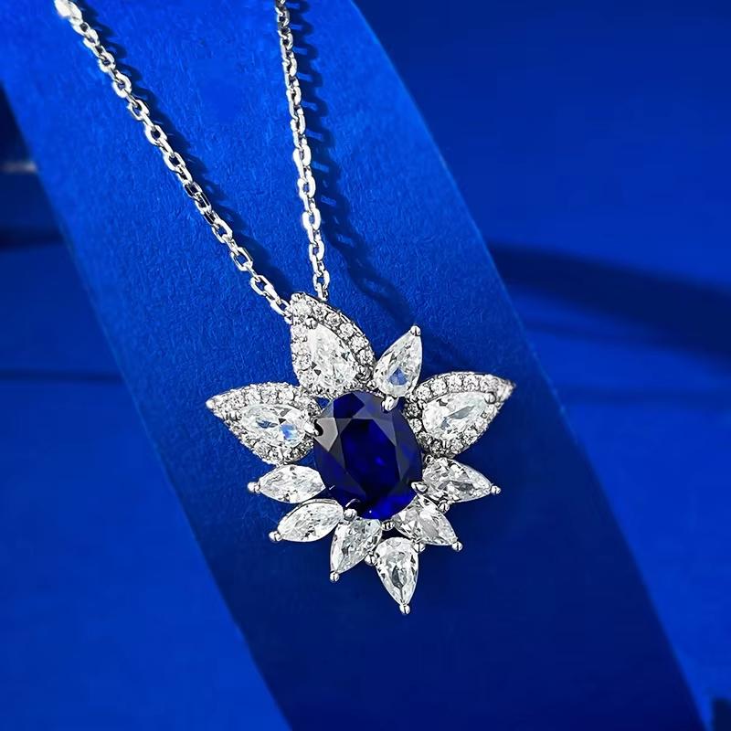 New S925 Silver Style 2 Carat Blue Luxury Set With 5A Zircon Full Necklace Fashion Versatile Jewelry