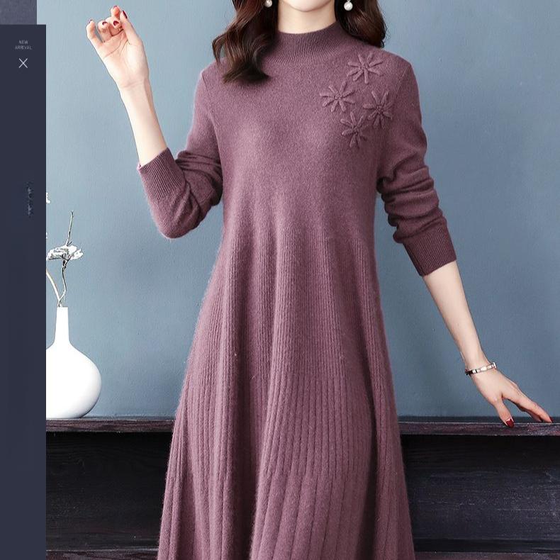 Mid-length Knitted Dress for Women Autumn and Winter Fashionable Embroidered Sweater Dress Solid Color Half Turtleneck Pullover