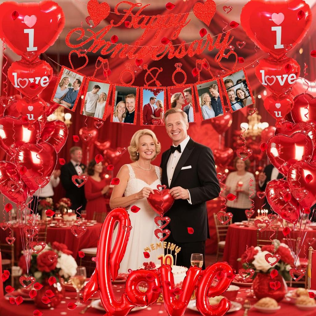 Happy Anniversary Decorations Set - Happy Anniversary Banner and Balloons, Photo Banner, I Love You and Red Heart Balloons with Rose Petals for