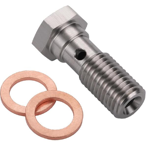 M10x1.0 Metric Stainless Steel Single Banjo Bolt Brake Fitting Adapter 20mm Long with Copper Washers