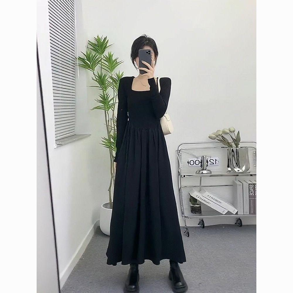 French Chic Long Sleeve Dress With Spliced Knitted Fabric For Autumn Fashion
