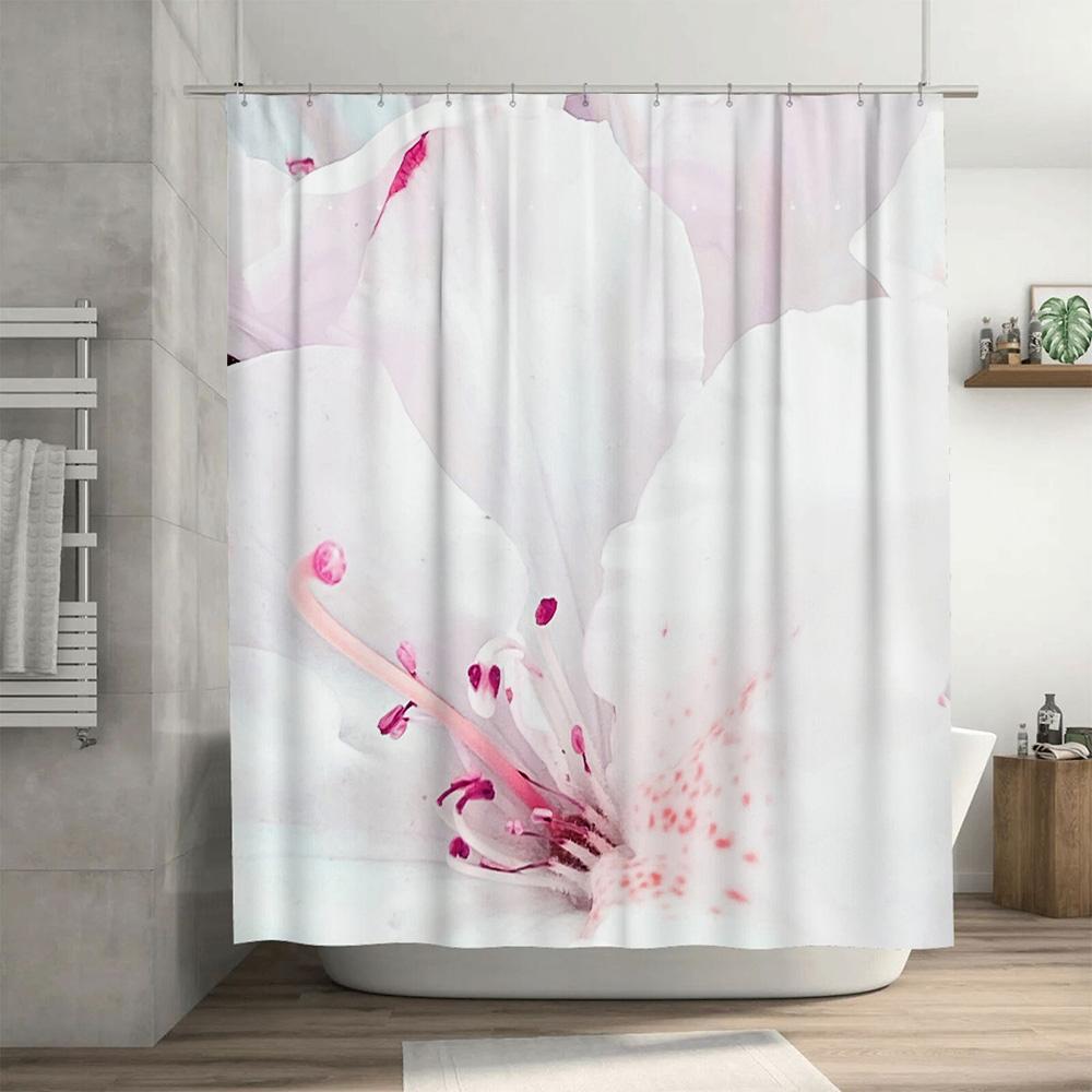 Modern Style White Shower Curtain with Floral Print for Bathroom Decor Pink Blossom Design in Various Sizes