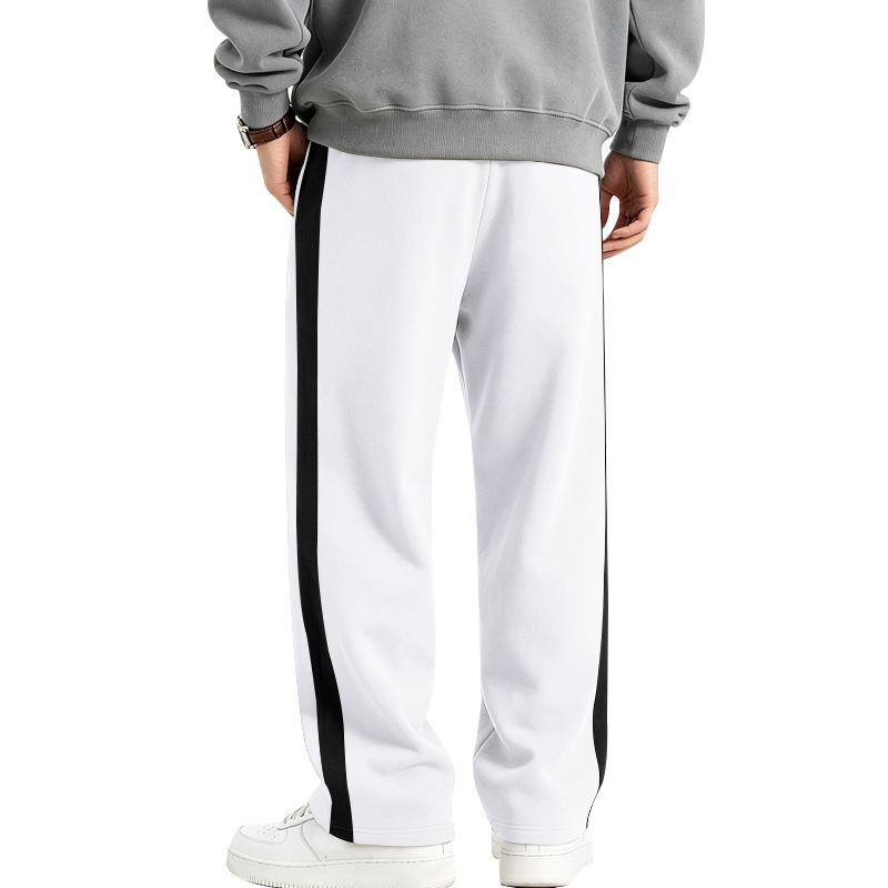 Pantaloni de trening largi pentru bărbați, căptușiți cu fleece, tricotaj greu, dungă contrastantă laterală, șnur, croială largă, casual, sport