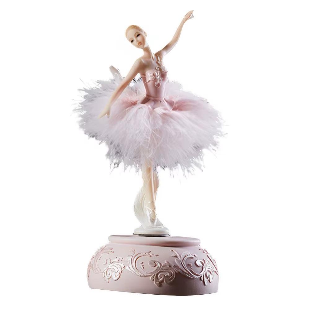 White/Pink Ballerina Music Box Figurine Plays Swan Lake, Hand-Painted Ballet Girl Feather Skirt Musical Gift for Birthday