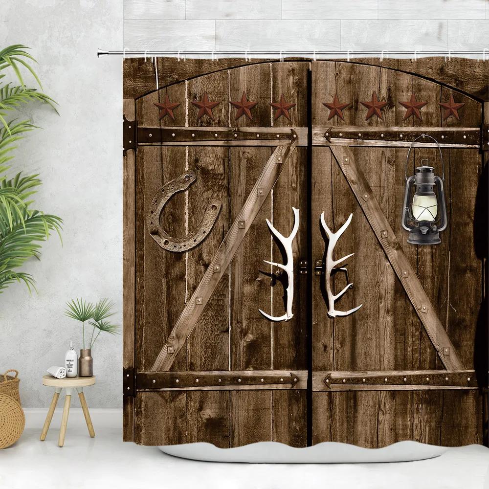 Vintage Wooden Door Shower Curtain, Farm Barn Door Wheel Horseshoe Pentagram Rustic Plank Home Bathroom Decoration Curtain Set