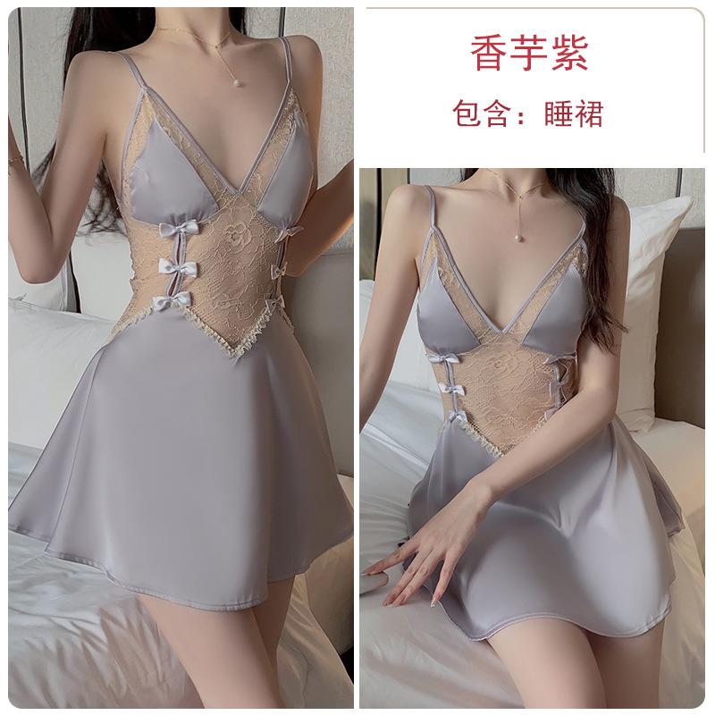 Women's Lace Sheer Deep V Push Up Padded Sleep Dress with Robe Lounge Set