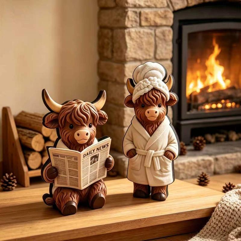 2Pcs 2D Flat Wooden Newspaper-Reading Cows Highland Cow Decorative Ornaments For Home Bedrooms Entryways Bookshelf Display