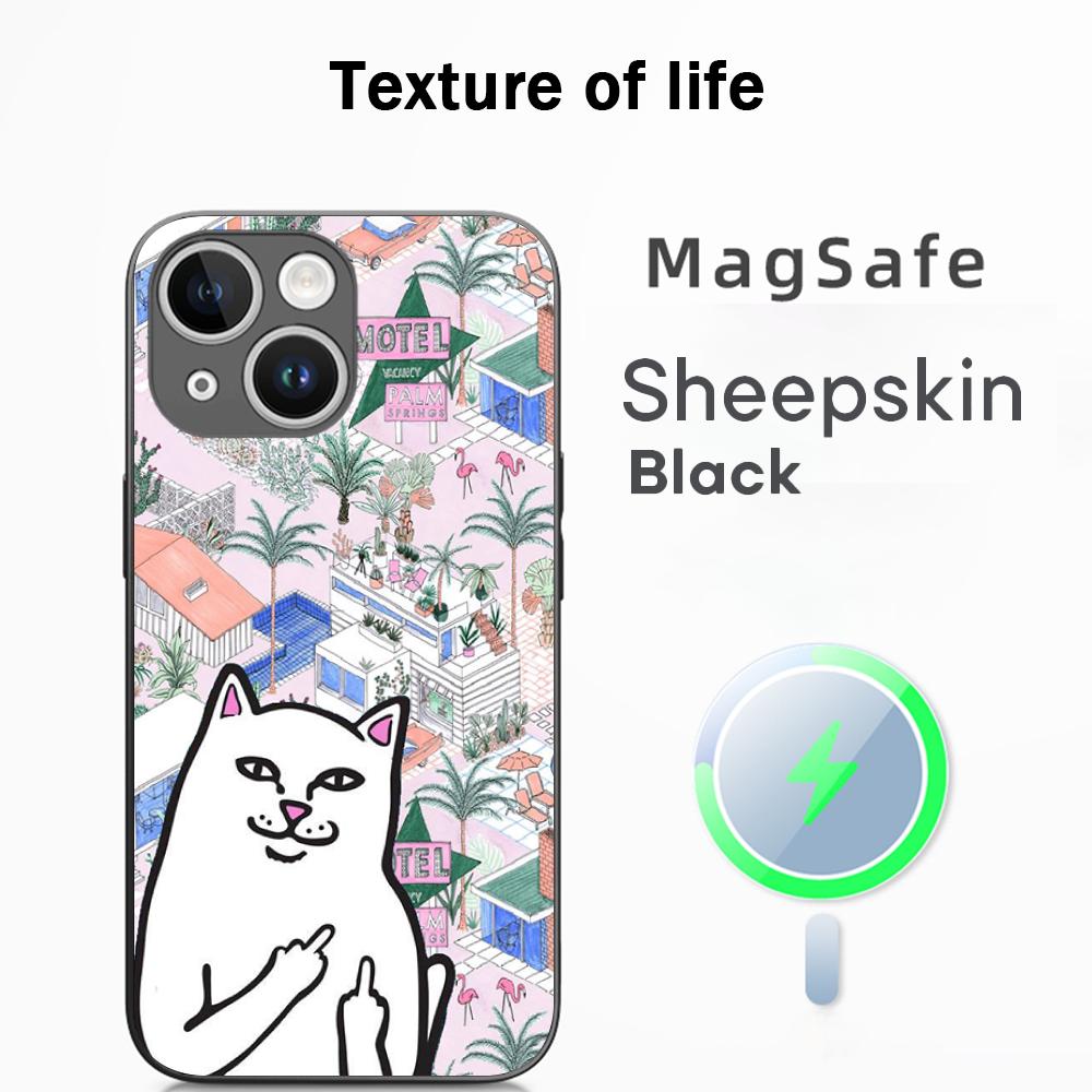 Fashion hip hop middle finger cats ins Phone Case For iPhone 16 15 14 13 12 11 Plus Pro Max  High-end Luxury Magsafe Sheepskin