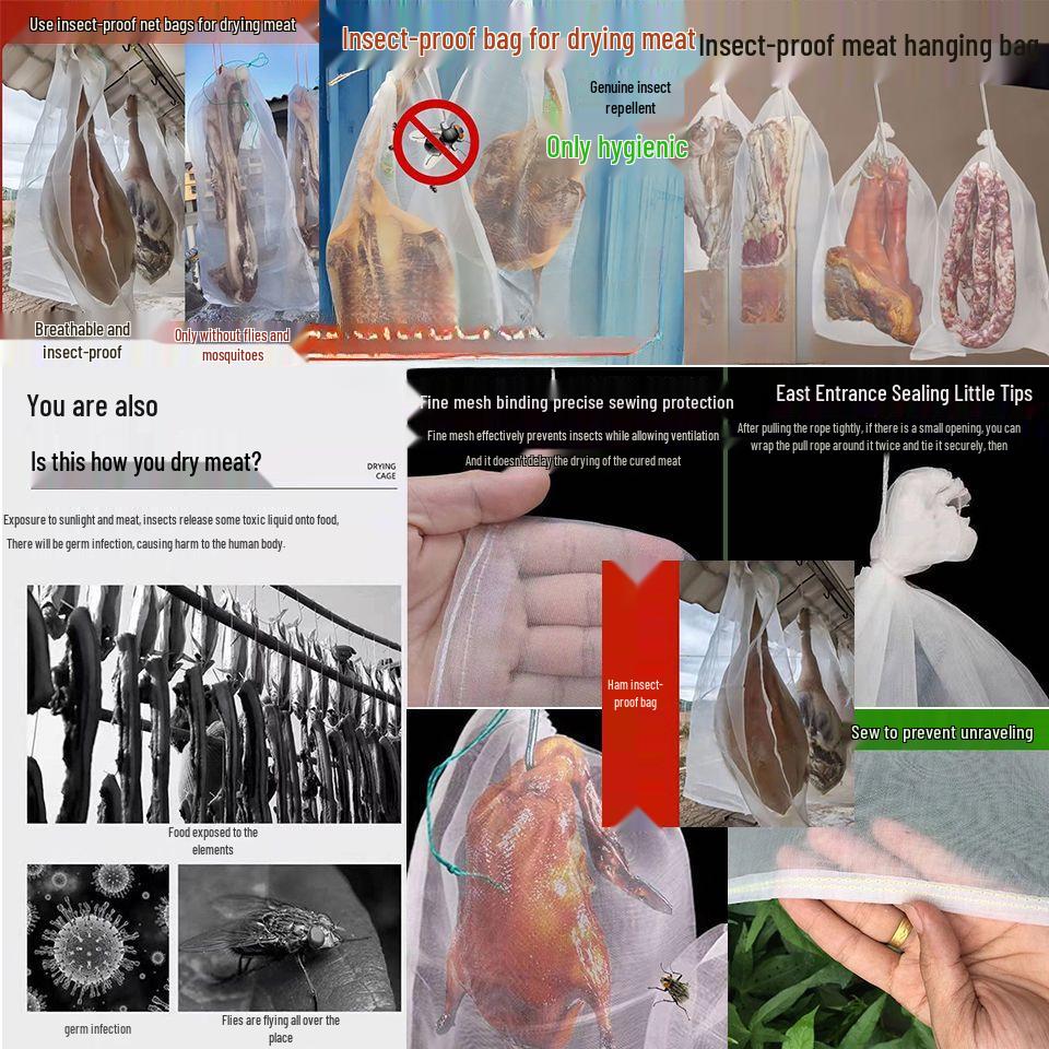 Nylon Mesh Hanging Bag for Cured Meat, Ham, and Duck - Breathable, Insect-Proof, and Household Fly-Proof Net 2 pcs, Thick, Reusable