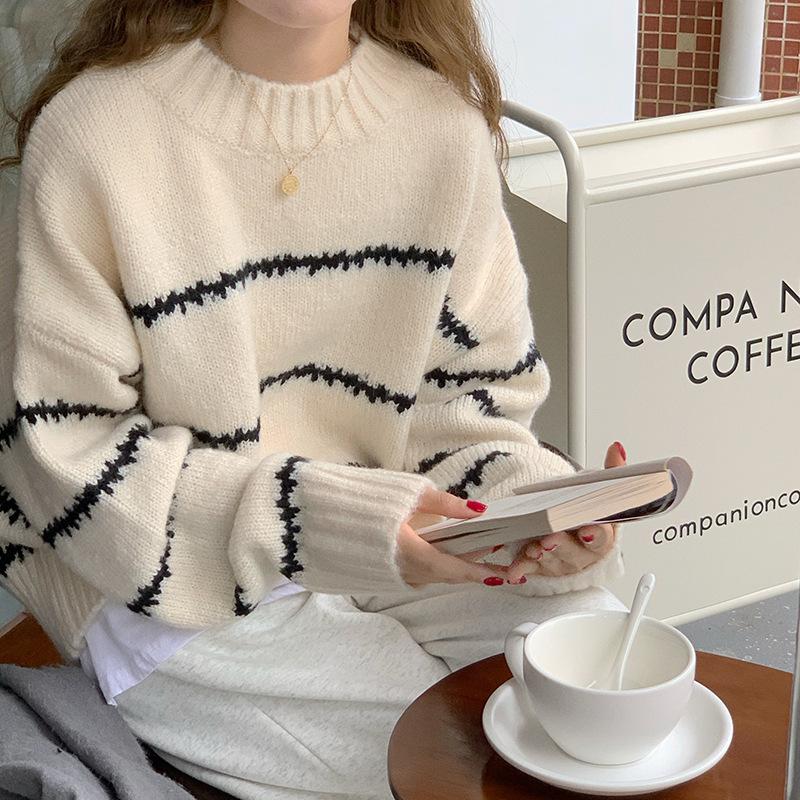 Simple Striped Knitted Sweater Women's Autumn and Winter Crew Neck Loose Sweater Jacket Top Trendy Casual Versatile