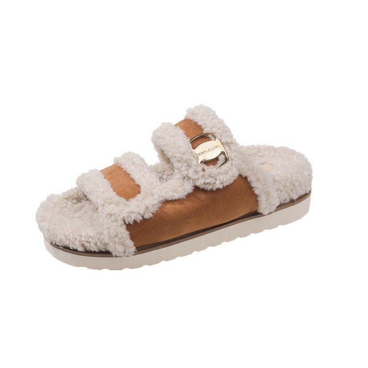 Ruth with INS thick bottom legs long hair slippers women wear autumn and winter versatile Internet celebrity one-word drag tide