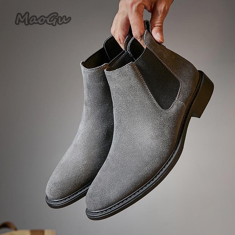 Fashion Suede Matte Chelsea Boots for Men High Top Leather Slip-on British Style Short Boots Elegant Spring Autumn Botas Para Hombre