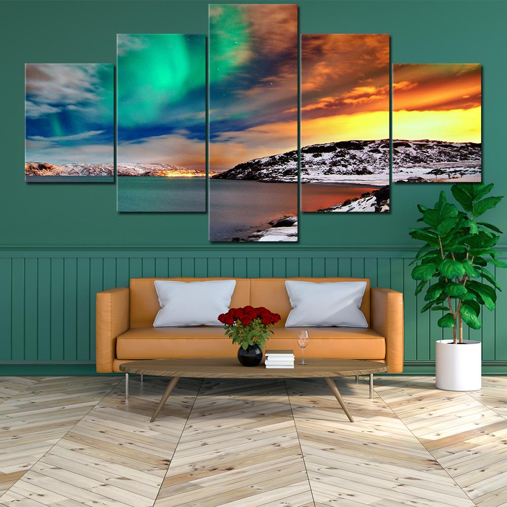 Modern Wall Art Decor Painting Natural Landscape Aurora Borealis 5 Pieces Snow-Capped Mountains And Lakes Pictures Canvas Print