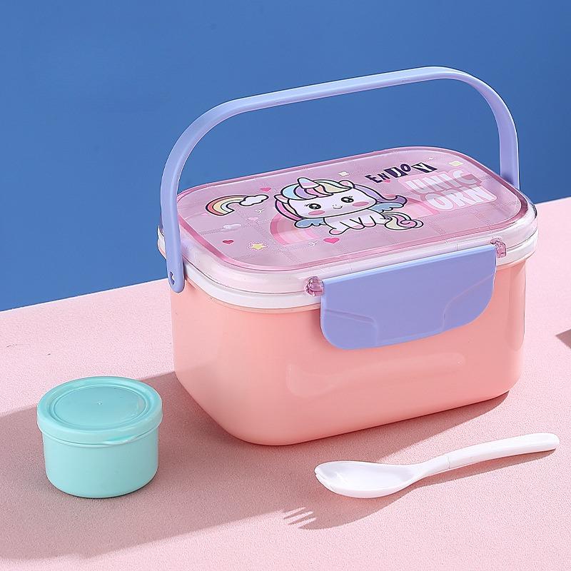 Cartoon Design Leak-proof Lunch Box Multi-compartment Bento Container with Dip Cups Spoons Ideal for Outdoor and Fruit Storage