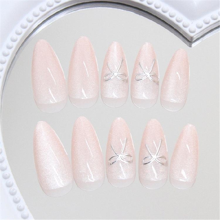 24 Pieces Press On Nail With Bows Details Glossy Full Cover Stick On Nail Acrylic Artificial Nail for Women Girls