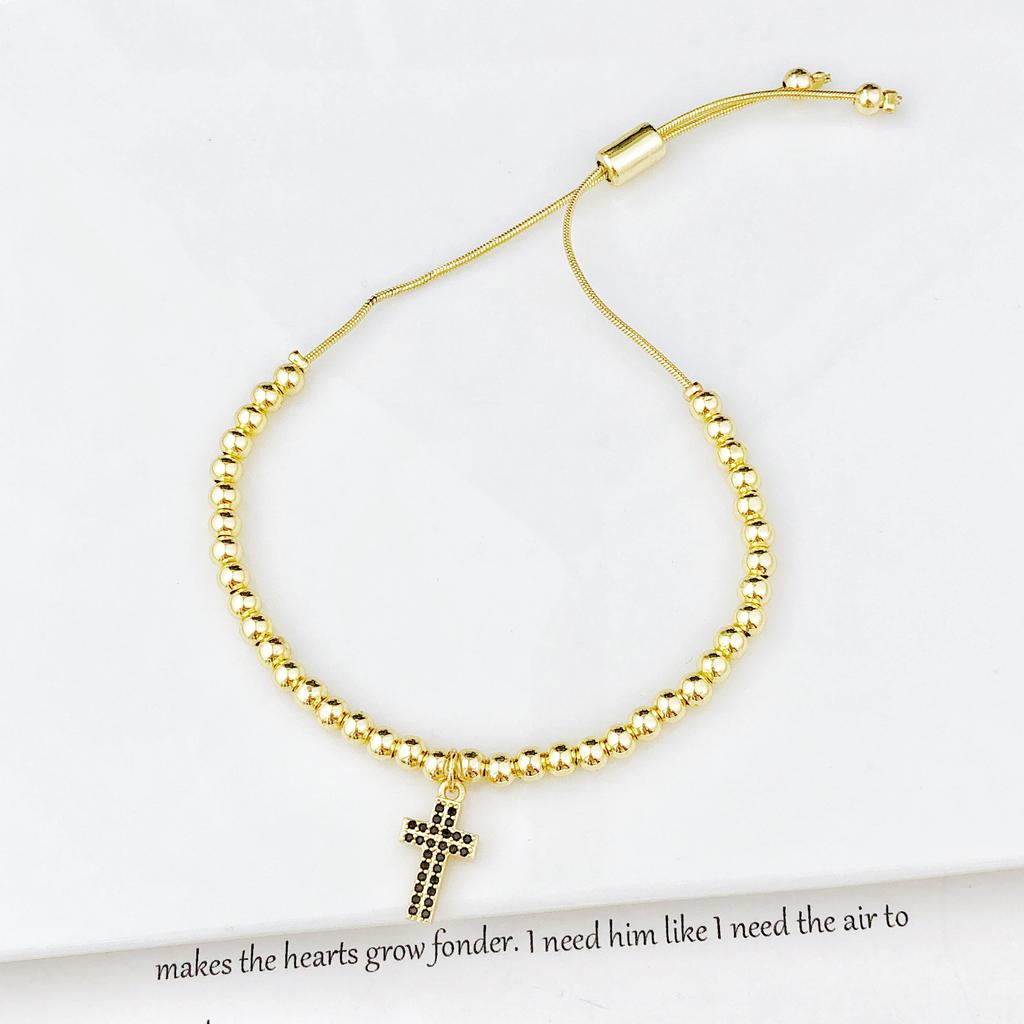 Classic Full Zirconia Cross Pendant Copper Bead Chain Adjustable Bracelet Fashion for Men Women Party Religious Jewelry Gift