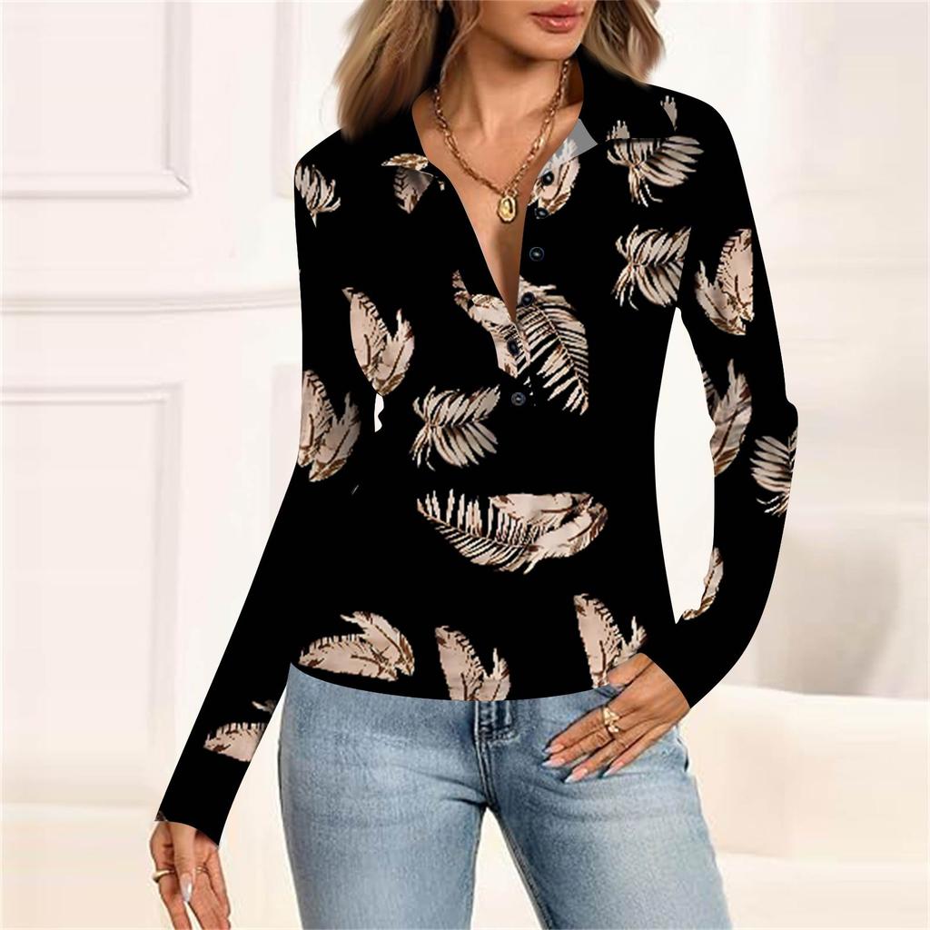 Women's Fashion Casual Printed V-Neck Long Sleeve Button-Down Top