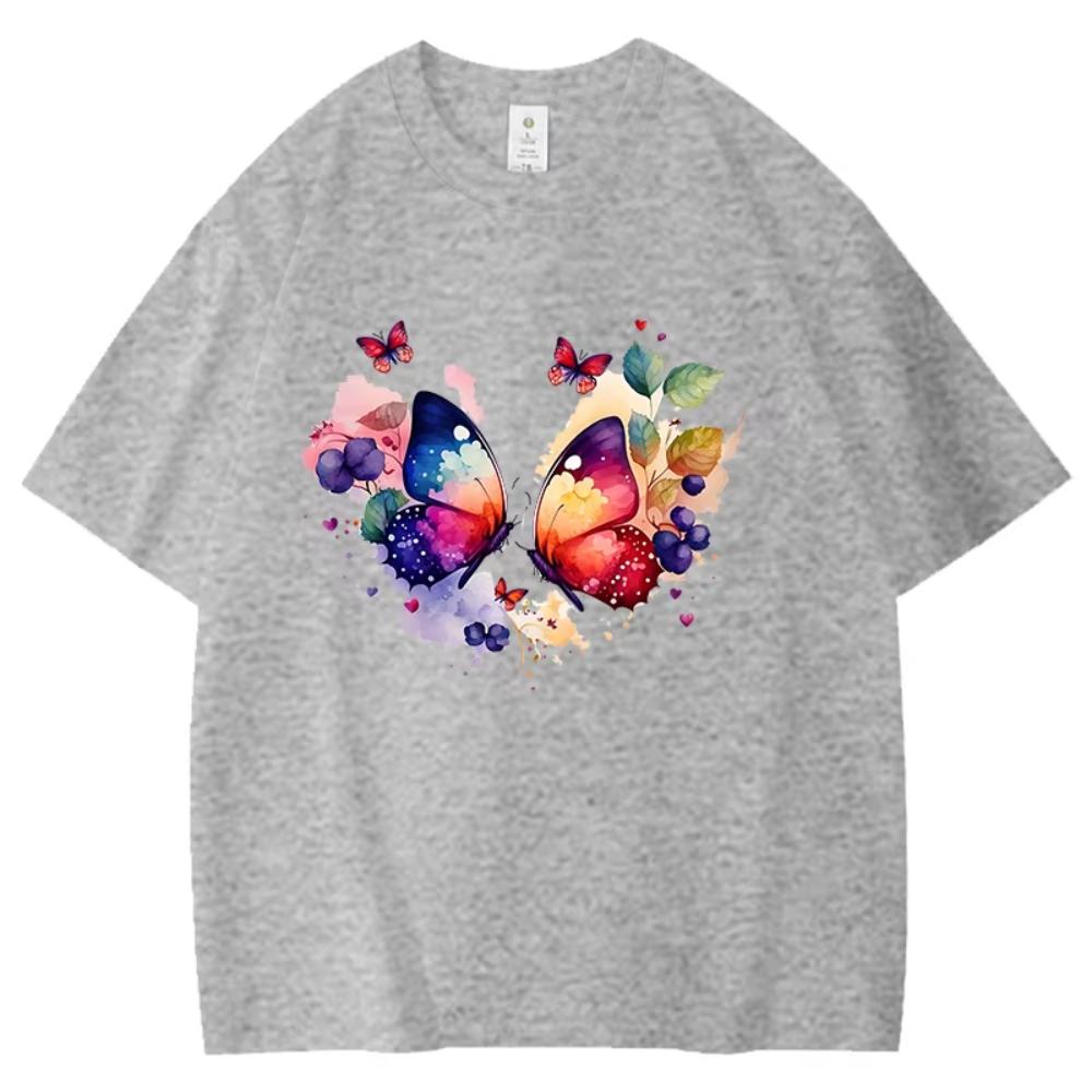 Two Colorful Butterflies Pattern Men Women Cotton TShirt Simple Unisex Tee Loose Large Size Top Women Clothing
