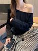 Gray Pure Cotton Off-Shoulder Long-Sleeve Women's T-Shirt - Loose Fit, Spring/Autumn Stylish and Sexy Top