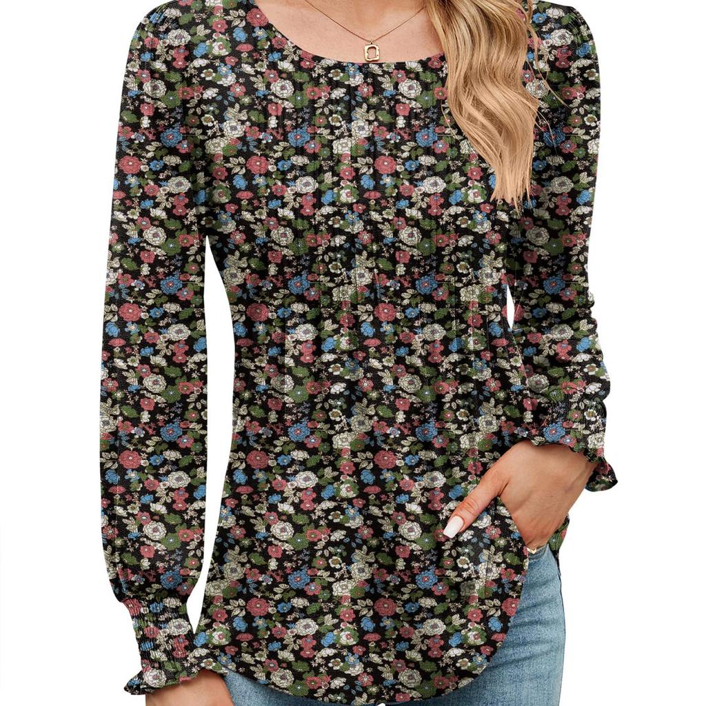 Women's Solid Color Casual Bubble Sleeves, Drawstring Round Neck Long Sleeved Top