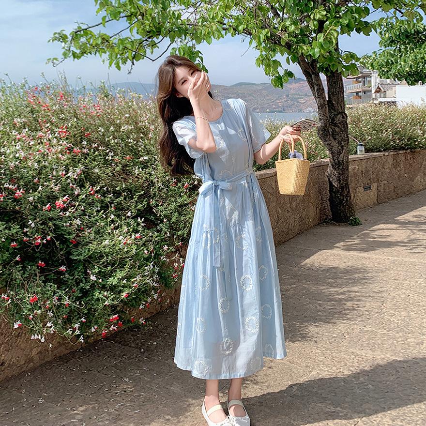 Blue Embroidered Tencel Dress for Women's  New Sweet Little Man Gentle Wind First Love Long Skirt