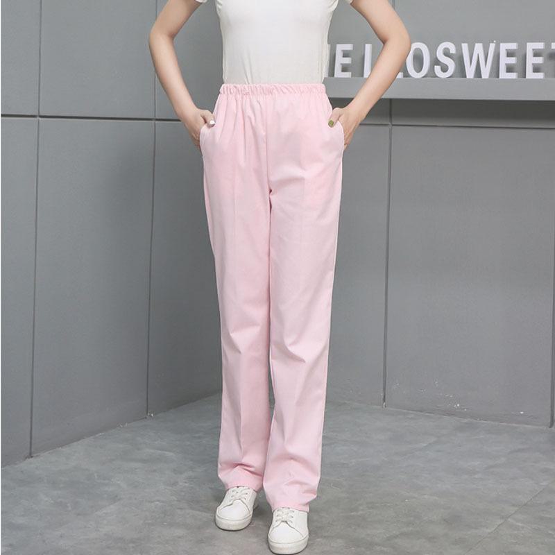 Thick Elastic Waist Nurse Uniform Pants - White, Pink, Blue, Green, Large Size