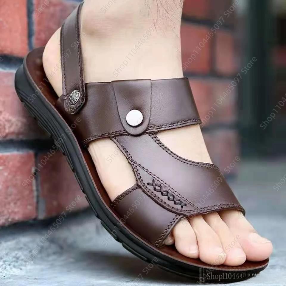 Fashion Men's Summer New Sandals and Slippers Men's Leather Sandals Adult Thick-soled Beach Shoes Non-slip Open-toe Leather Sandals