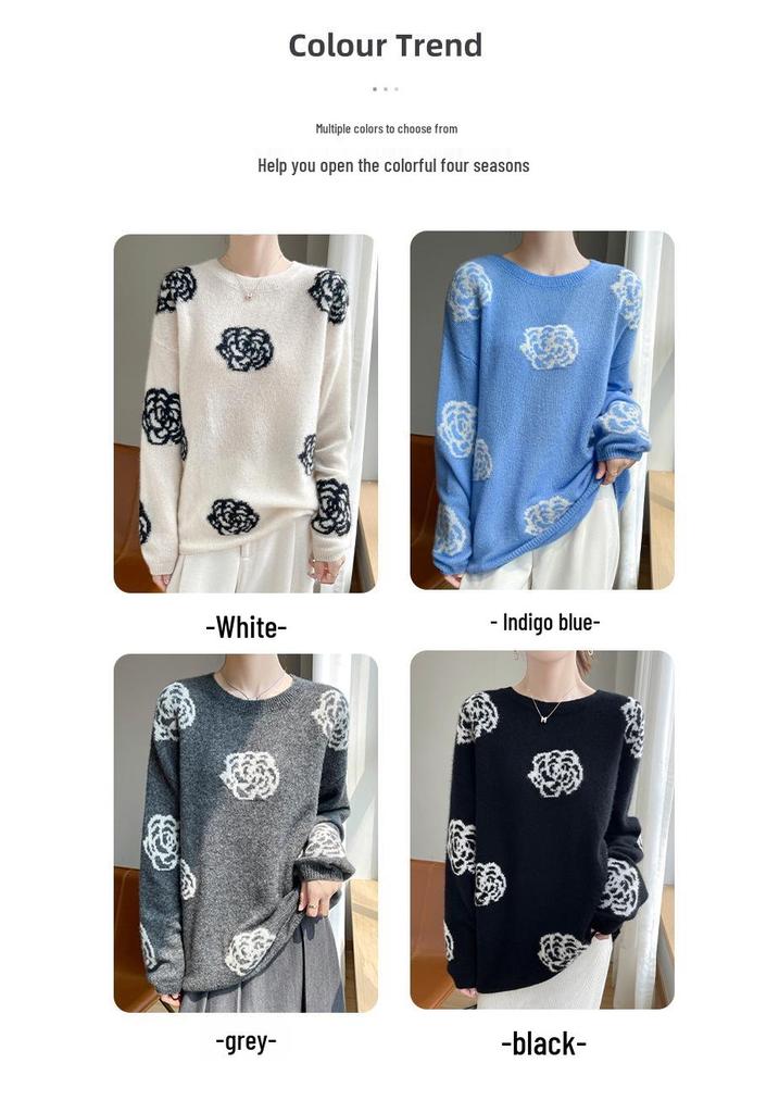 High-End Camellia Cashmere Silk Sweater - Women's Autumn/Winter, Slimming and Elegant.