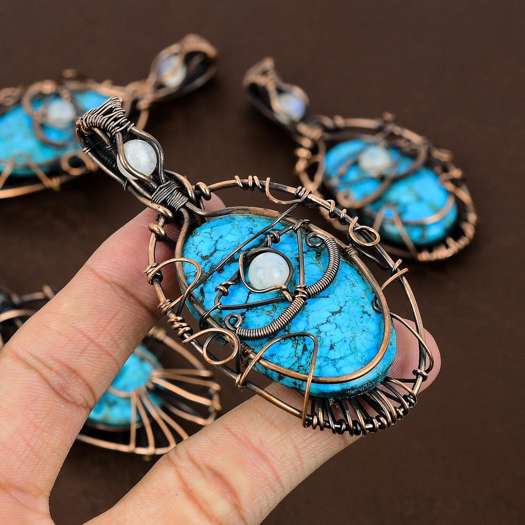 Natural Tibetan Turquoise,Moonstone Gemstone Copper Wire Wrap Pendant 3.74" R6S23