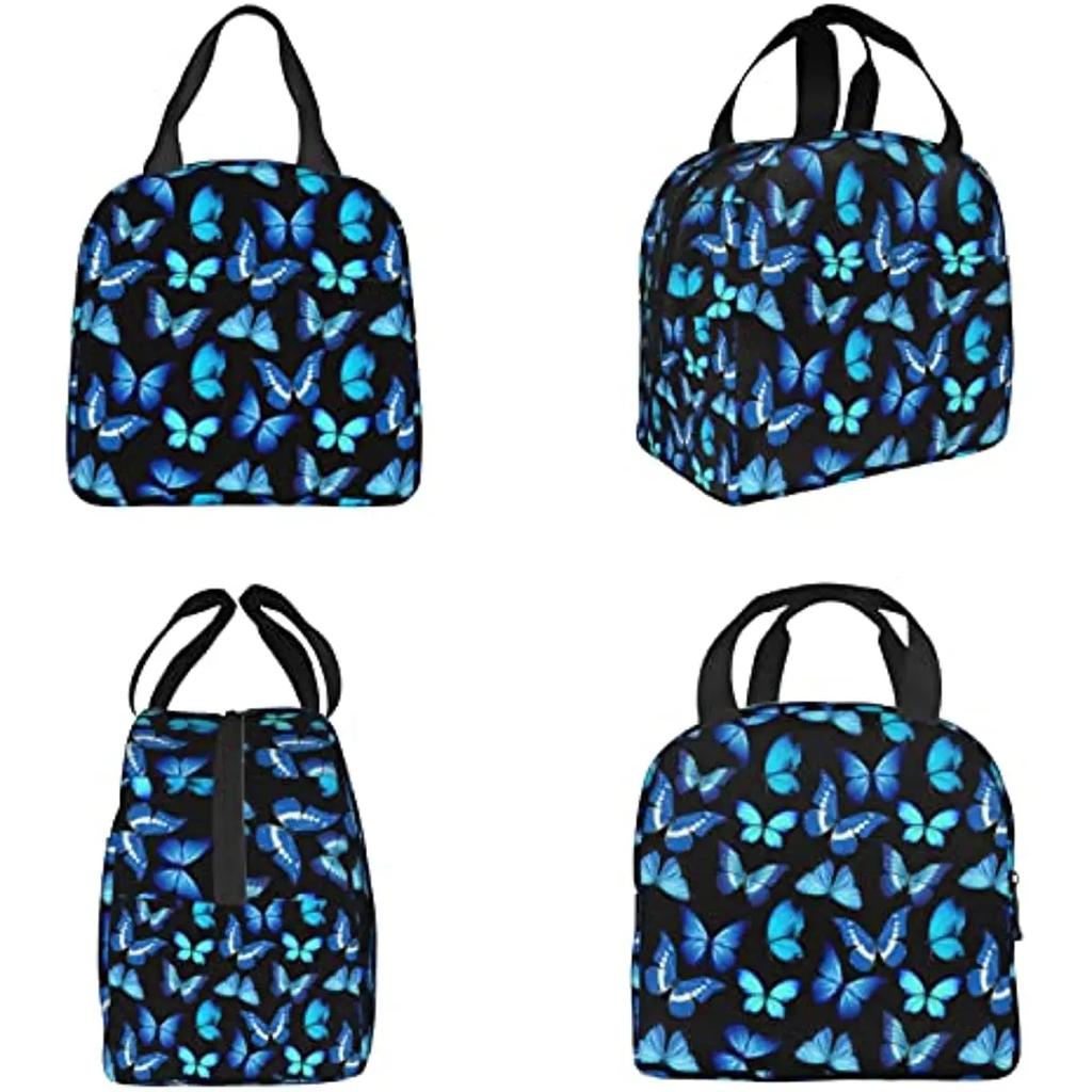 Insulated Lunch Bag Box for Women with Blue Butterfly Print Cute Lunch Cooler Thermal Waterproof Reusable Tote Bag with Pocket