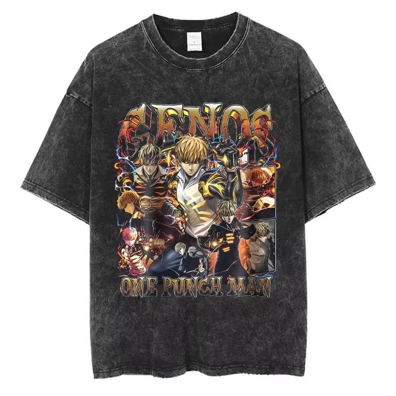 Gewaschenes Vintage Anime One Punch Man Saitama Saitamas Fitnessstudio Lustiges Meme Grafik T-Shirt Herren Damen Fitness Freizeit Übergroße T-Shirts