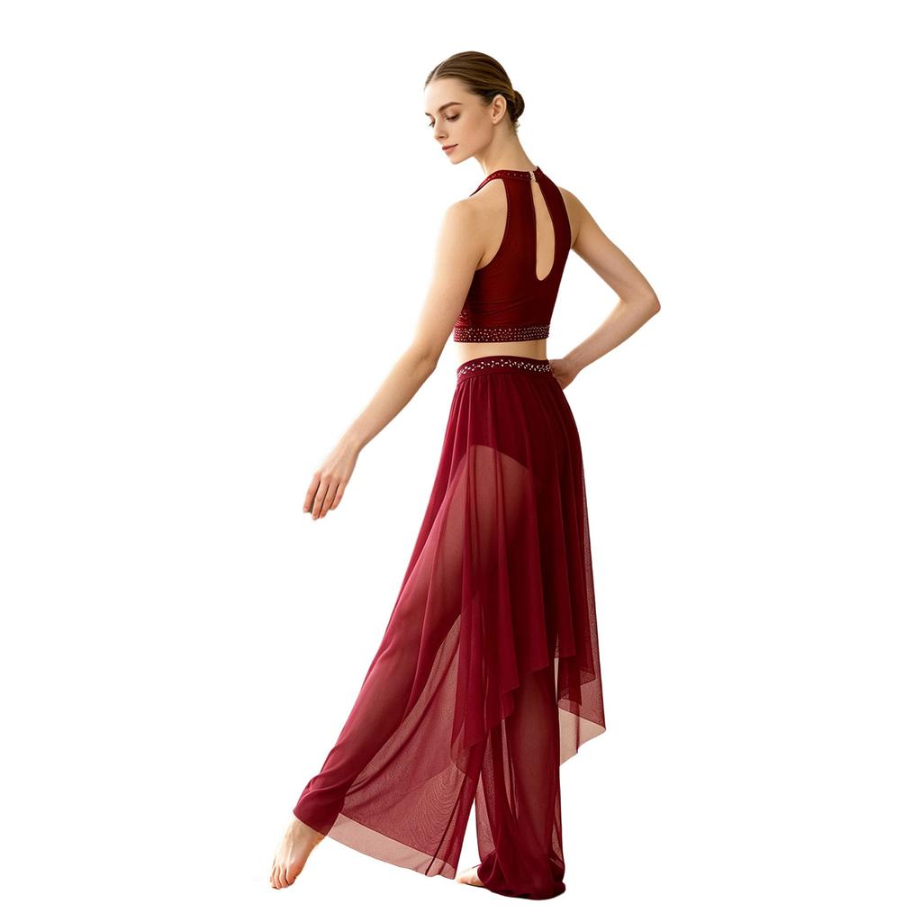 Traje de Danza Lírica para Mujer con Pedrería, Top sin Mangas tipo Camiseta sin Mangas, Pantalones de Malla con Superposición Irregular, Ropa de Baile